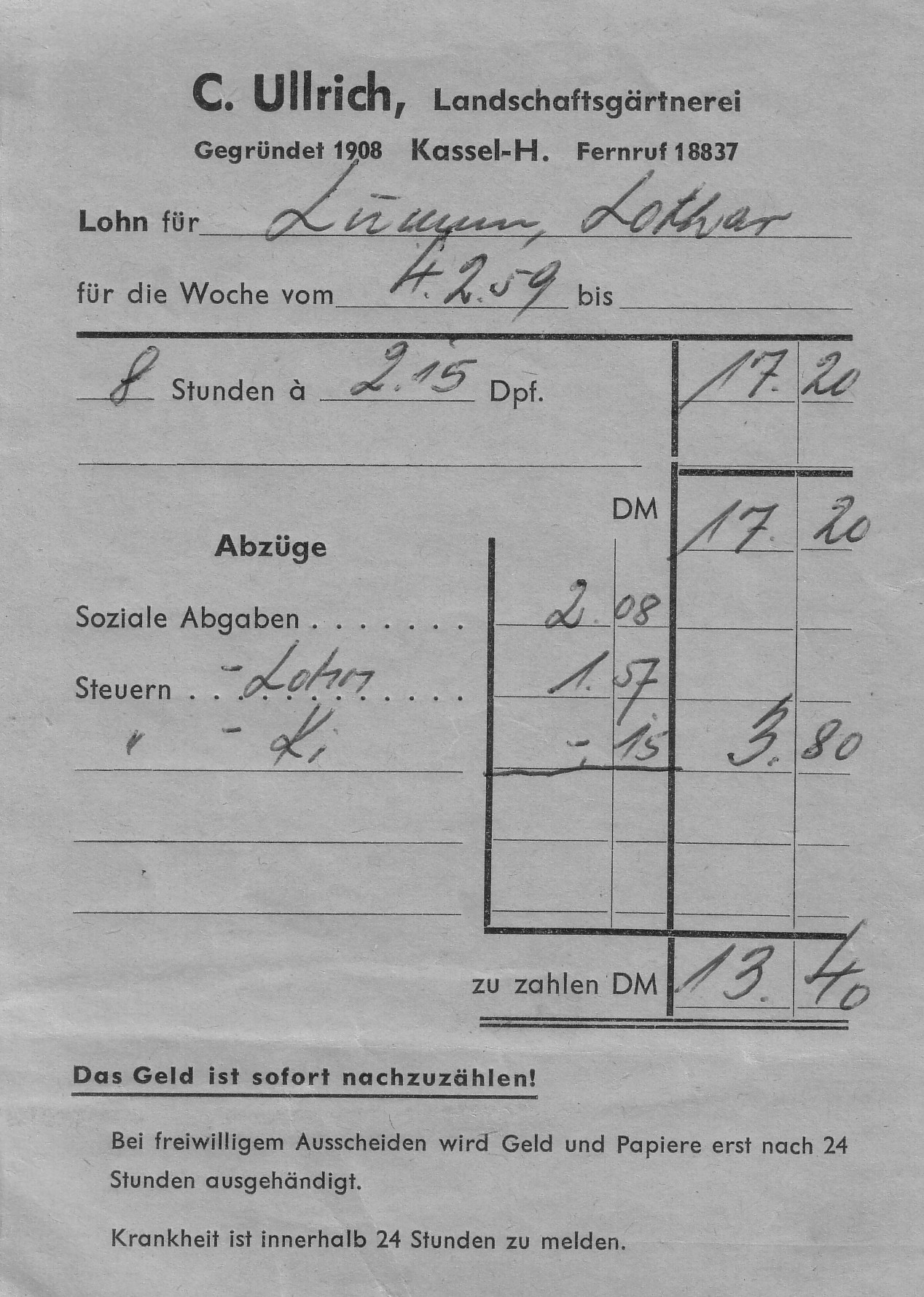 Bild: Lohntüte 1959